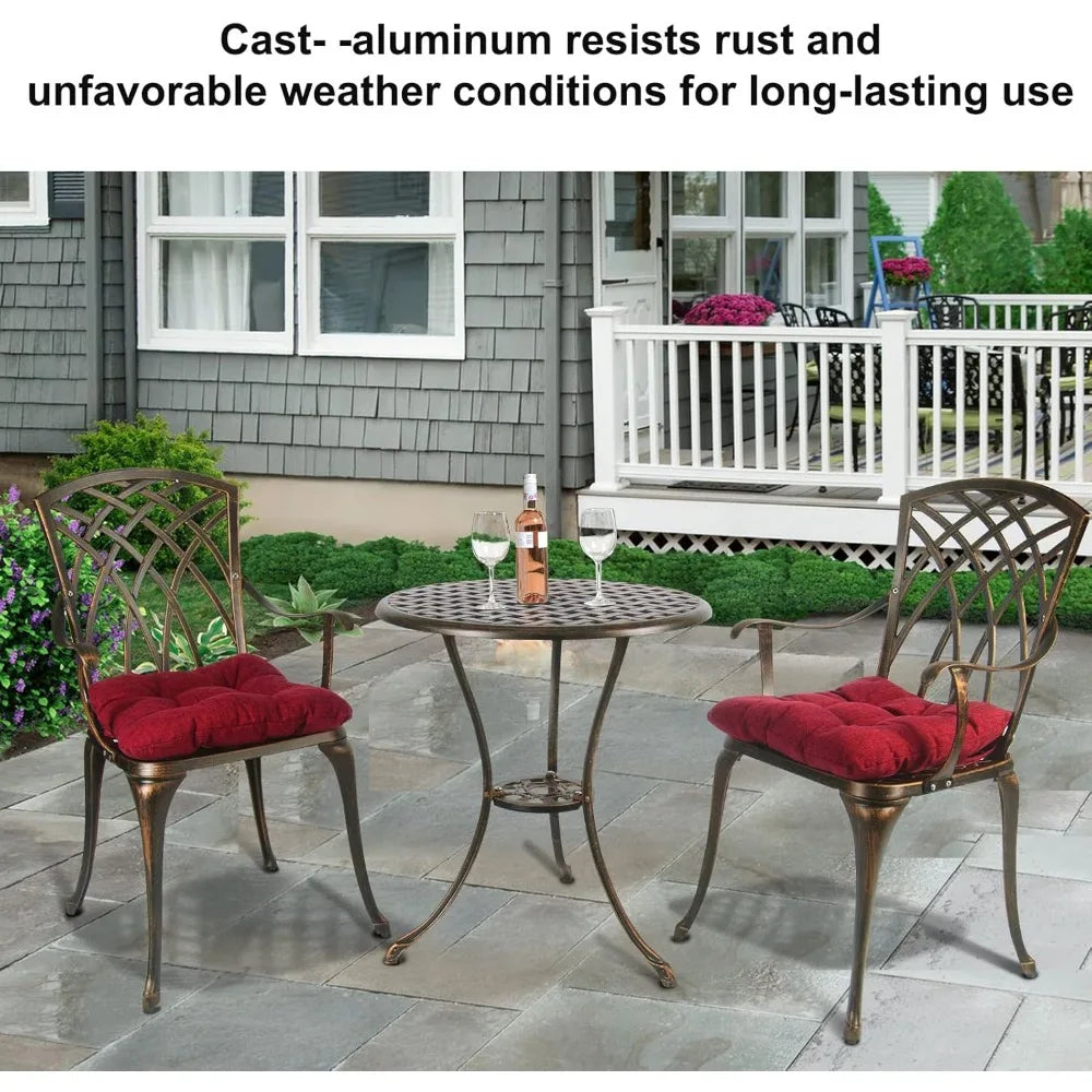 3 Piece Patio Bistro Set Cast Aluminum Bistro Table Set Outdoor Round Dining Table with Umbrella Hole for Porch, Lawn, Garden,