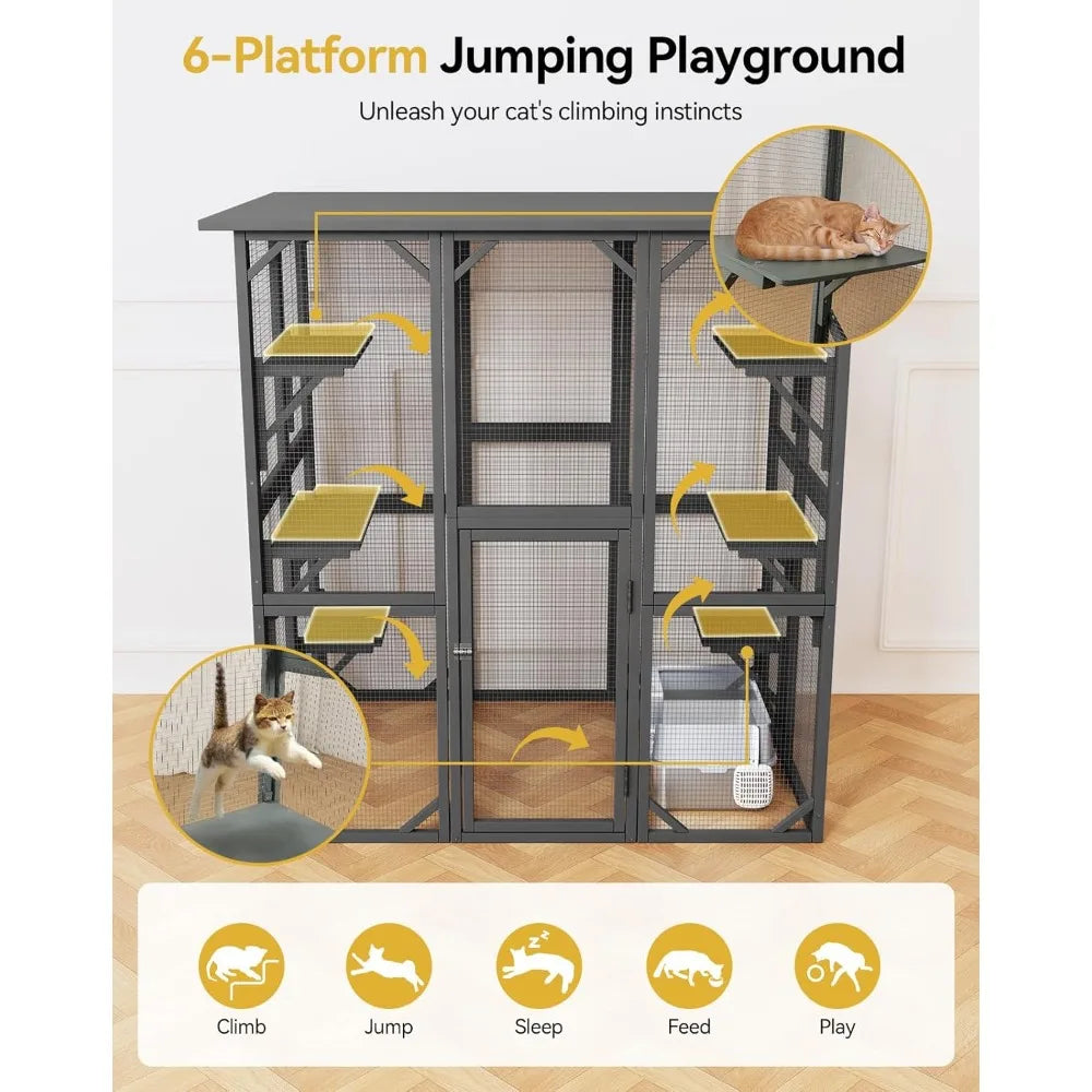 Catio Outdoor Cat Enclosure, 71" Large Cat House for Multiple Cats with Waterproof Roof, 3 Tier Cat Cage with 6 Platform for Pat