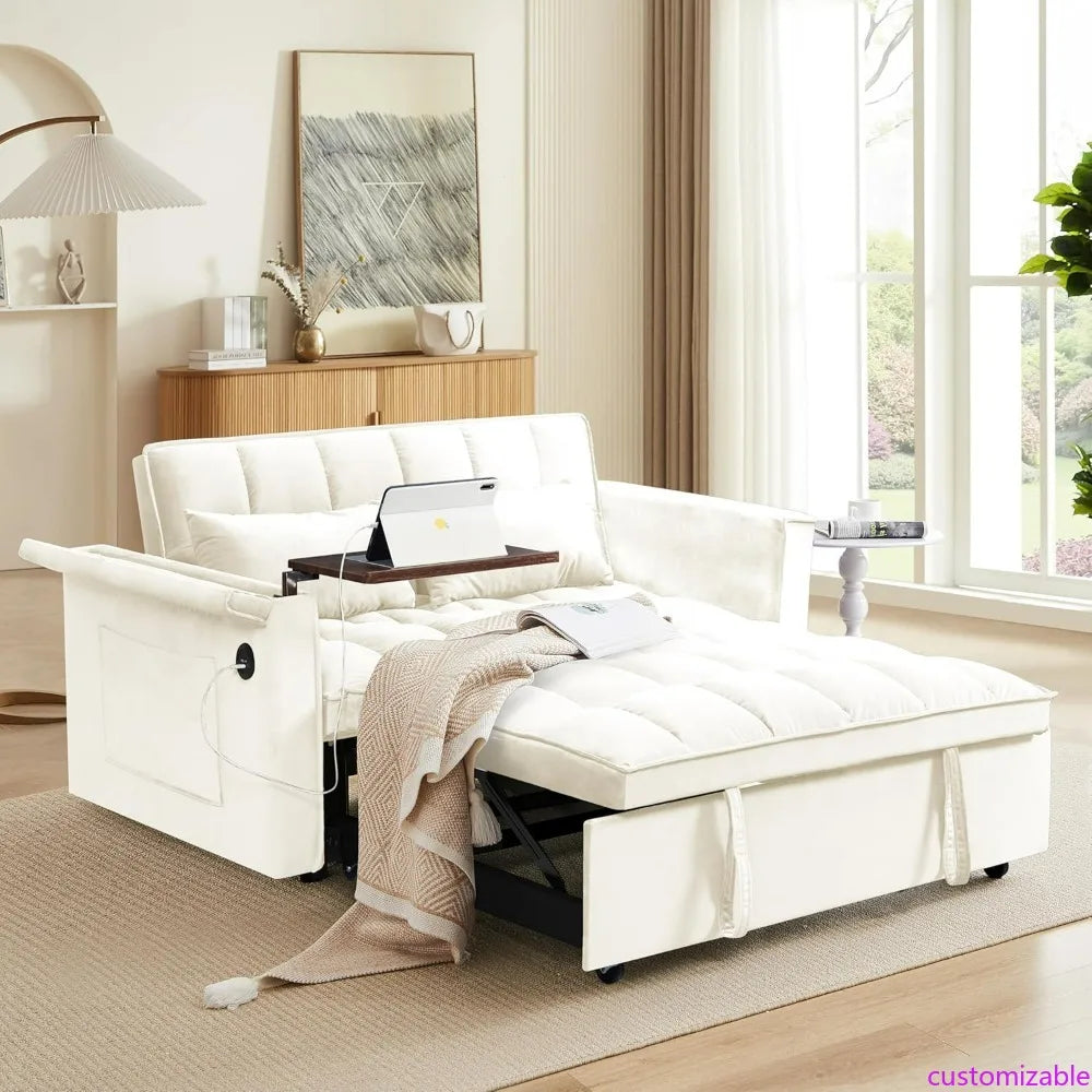 55 Velvet Sleeper Sofa Bed with 3-in-1 Functionality, Pull Out Couch, Adjustable Back, and 2 Pillows - Convertible Futon Sofa