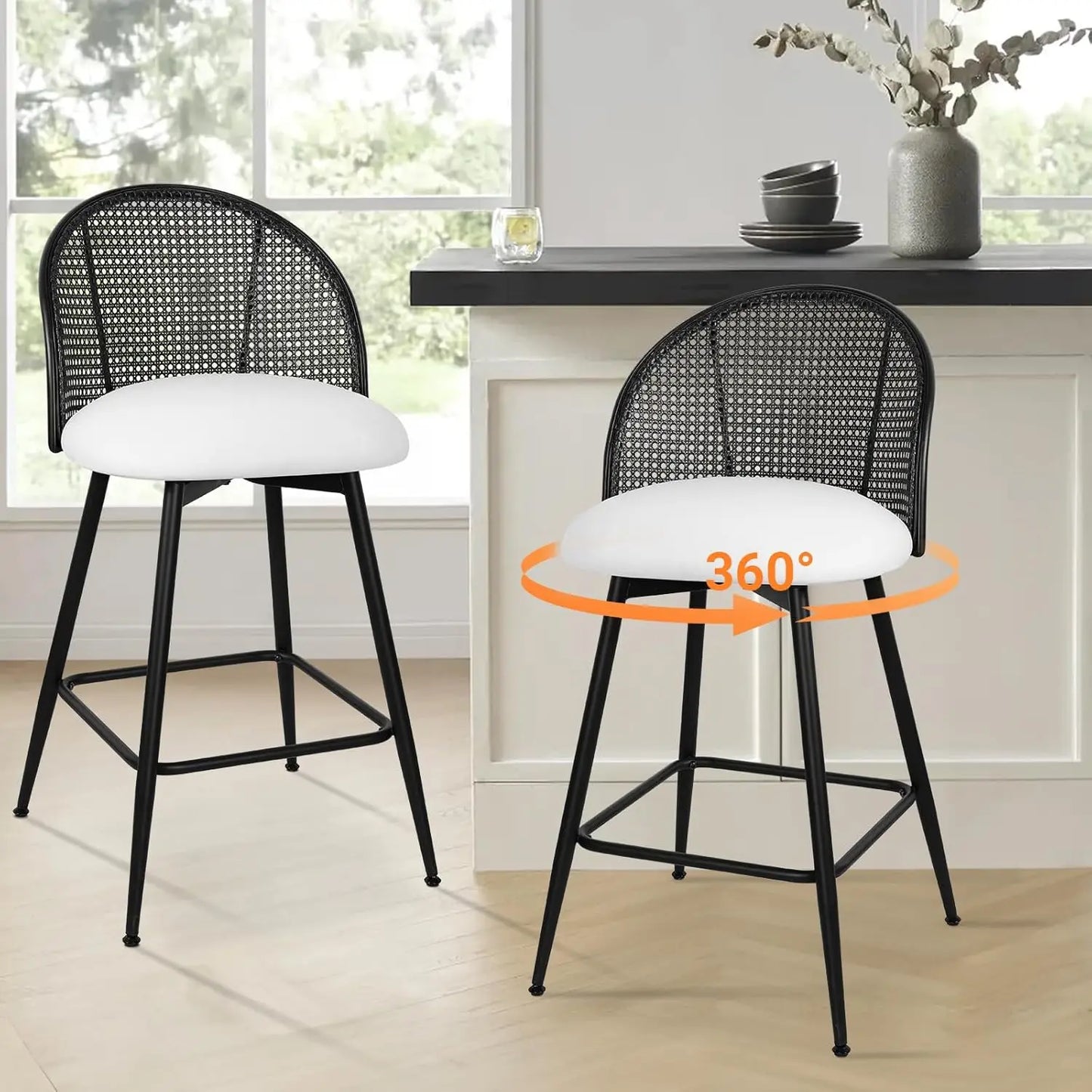 Counter Height Bar Stools Set of 2, 360° Swivel Upholstered Barstools with Rattan Full Back & Metal Legs, PU Leather 26" Mid