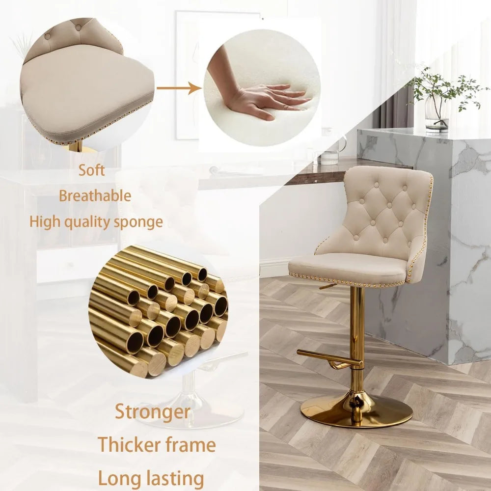 Velvet Bar Stools Set of 4, Counter Height Bar Stools with Button & Nailheads Trim, Gold Swivel Bar Stools for Kitchen Island, B