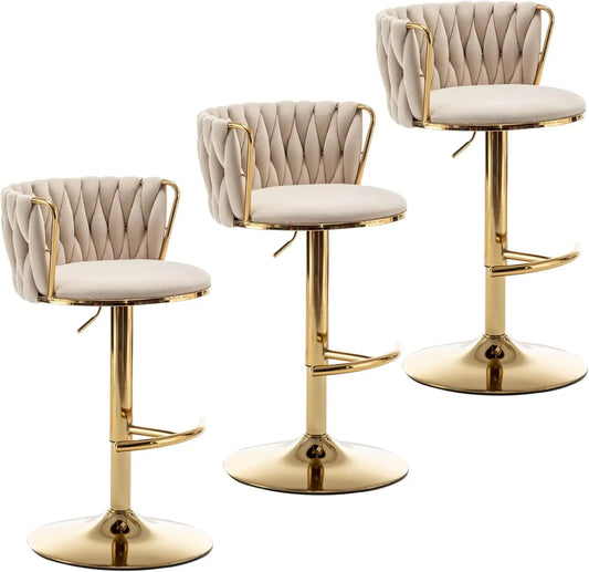 Gold Velvet Bar Stools Set of 3, Swivel Counter Height Bar Stools with Back, Adjustable Woven Barstools for Kitchen Island,