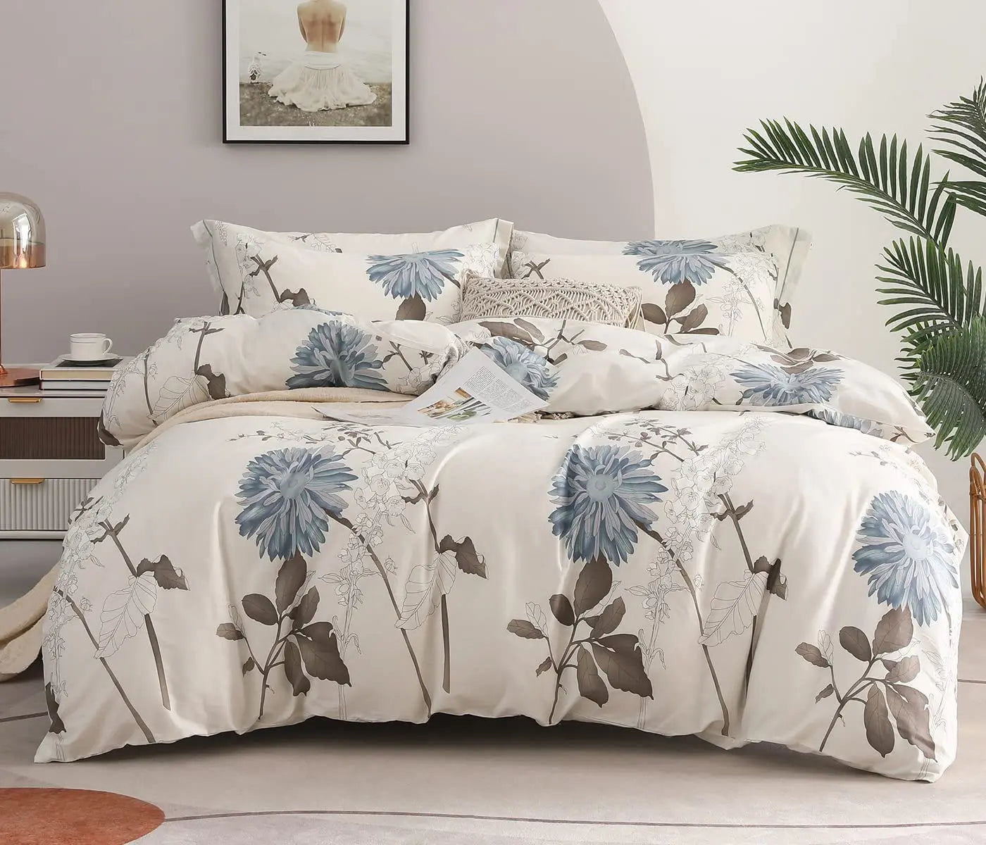 SLEEPBELLA Comforter 600 Thread Count Cotton Brown Branches and Blue Flowers Off-White Comforter Down Alternative Bedding Sets
