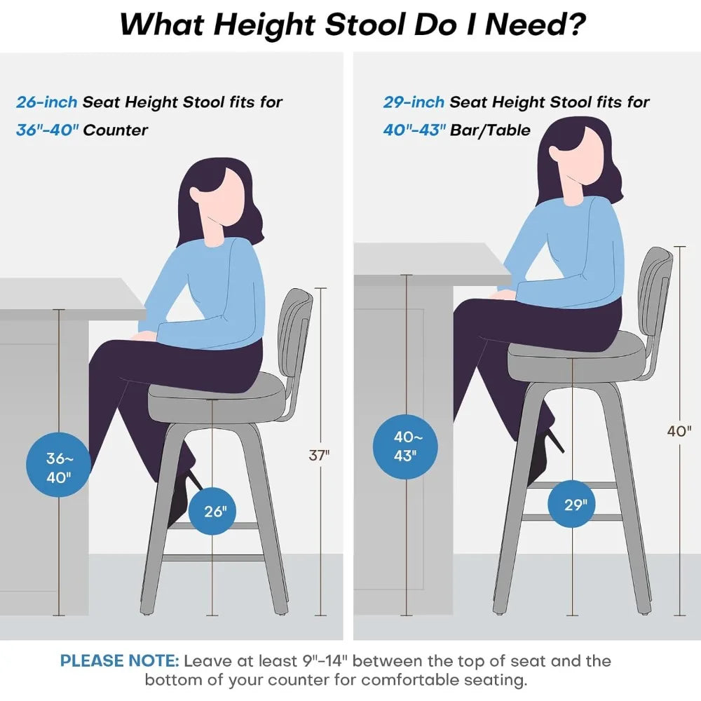 Swivel Counter Height Bar Stools Set of 4, 26" Upholstered Faux Leather Barstools with Back and Bent Wood Legs,