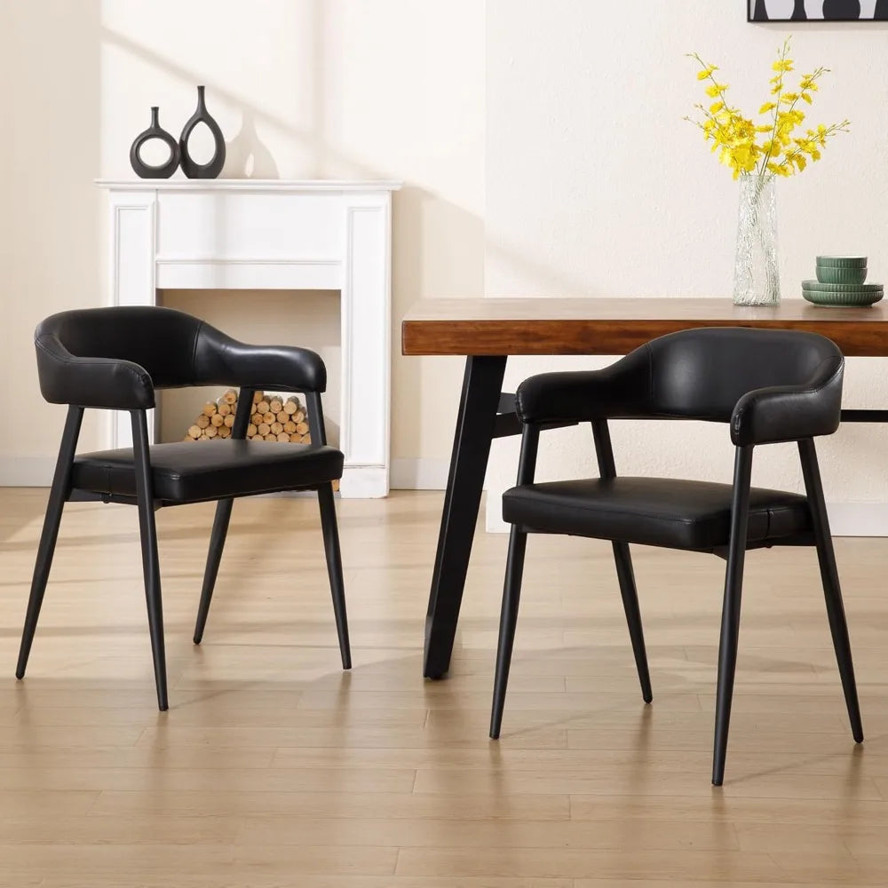 Leather Dining Chairs Set of 2 with Black Metal Legs, Mid Century Modern Kitchen Chairs with Curved Backrest