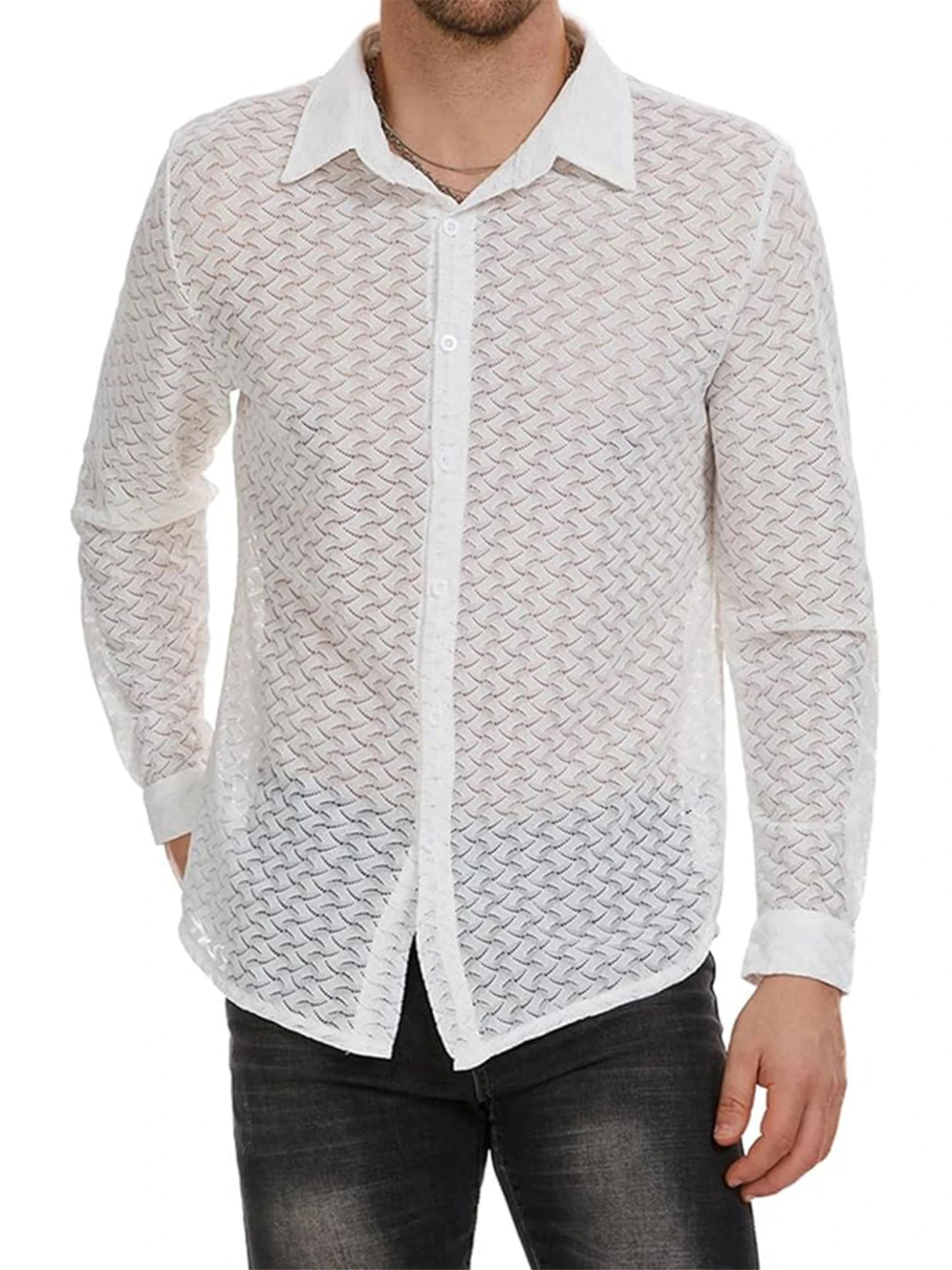 Men s Mesh Panel Shirt with Sheer Lace Detailing and Lapel Neckline Long Sleeve Button-up Top for Casual Streetwear Fashion