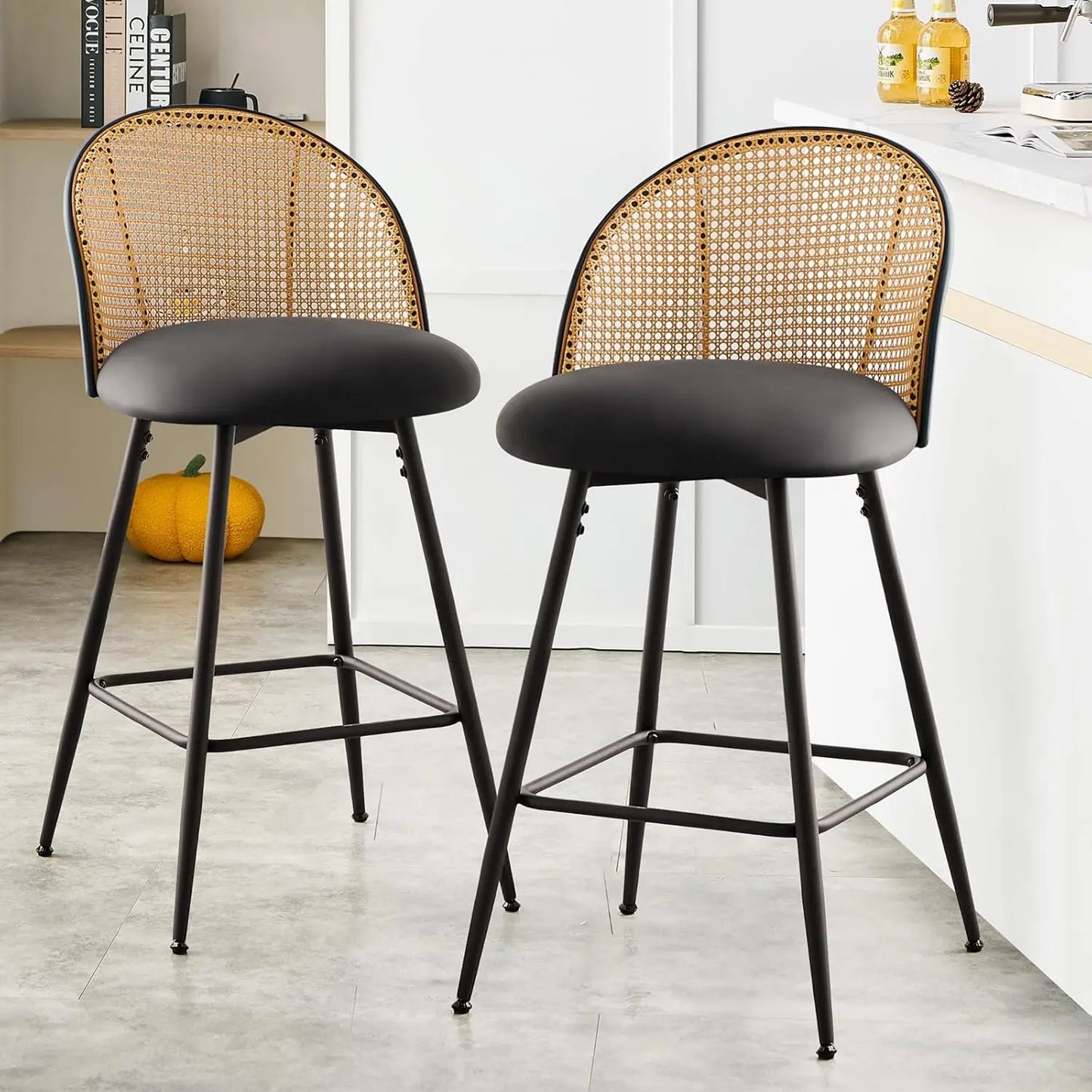 Counter Height Bar Stools Set of 2, 360° Swivel Upholstered Barstools with Rattan Full Back & Metal Legs, PU Leather 26" Mid