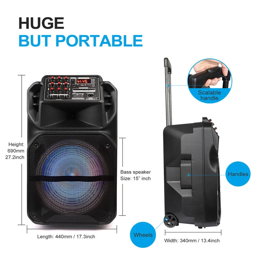 9000W Portable Bluetooth Speaker 15” Subwoofer Heavy Bass Party System AUX & Mic Led Light  Loud High Quality karaoke Speaker