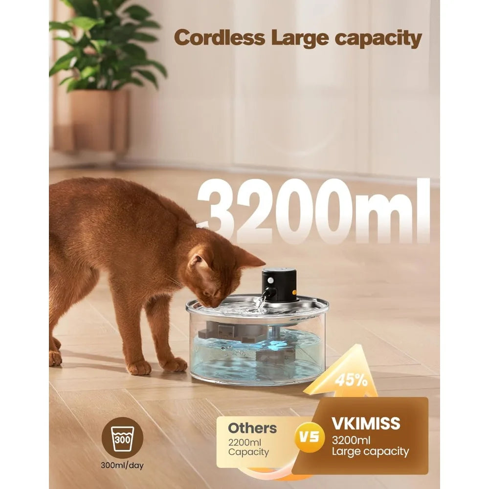 Wireless Cat Water Fountain Cordless: Battery Operated Cat Fountain - 108oz/3.2L Automatic Pet Water Dispenser Rechargeable Drin