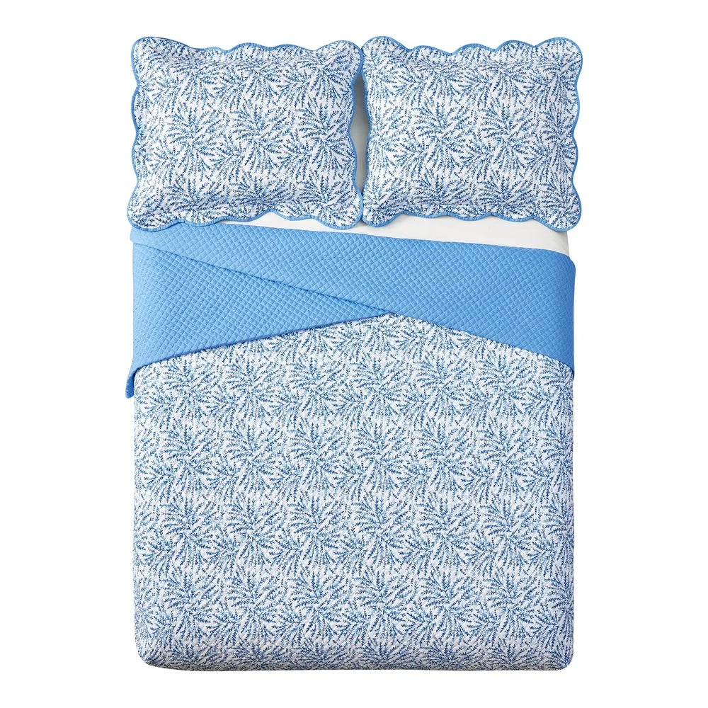 Blue Fern 3-Piece Quilt Set Full Queen Soft Polyester Bedding Set with Shams Cooling Technology Elegant Scalloped Edges Classic