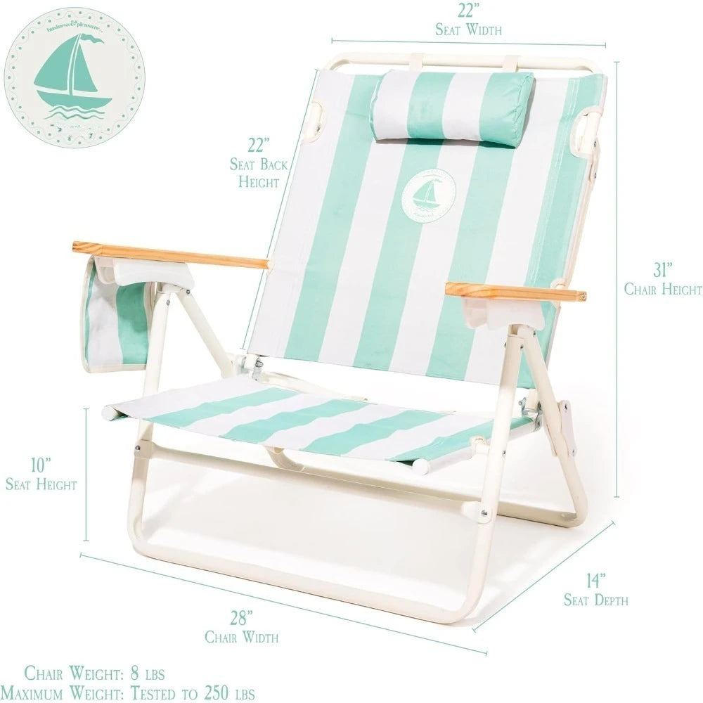 Backpack Beach Chair Lay Flat Reclining, Lightweight & Portable, Insulated Cooler Pocket, Last Mango Green Stripe