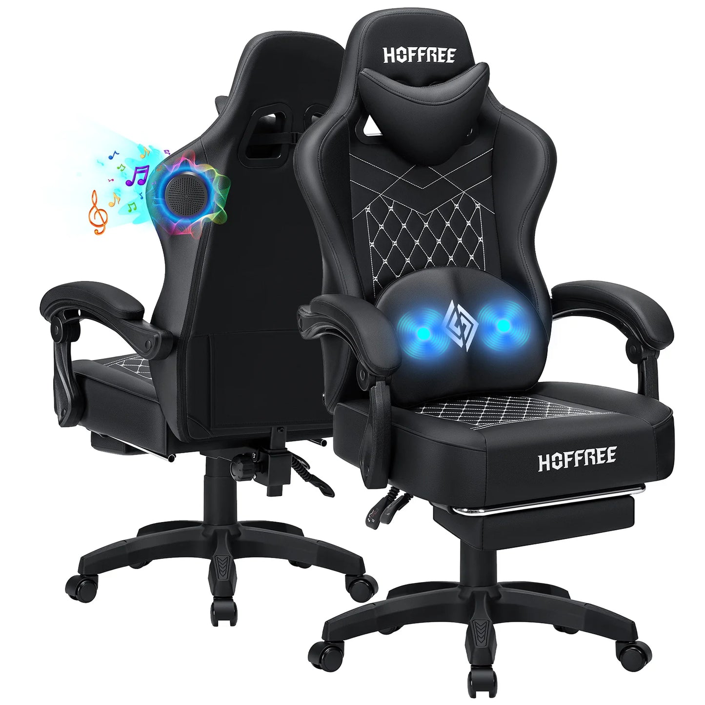 Leather Gaming Chair with Footrest Bluetooth Speaker Dual Function Massage Height Adjustable Recliner Computer Office Chair Sofa