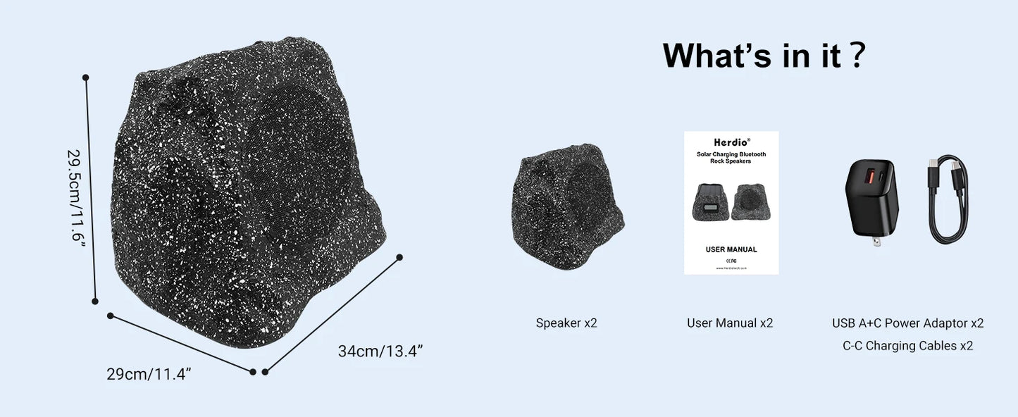 Herdio 8" Rock Bluetooth Speakers Outdoor Waterproof IPX7 Wireless Solar 240W TWS Connection Powered With Rechargeable Battery