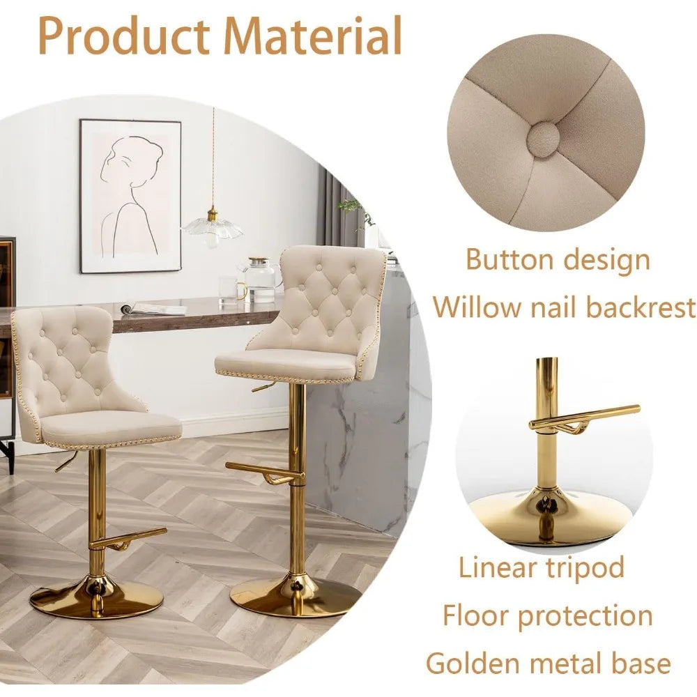 Velvet Bar Stools Set of 4, Counter Height Bar Stools with Button & Nailheads Trim, Gold Swivel Bar Stools for Kitchen Island, B