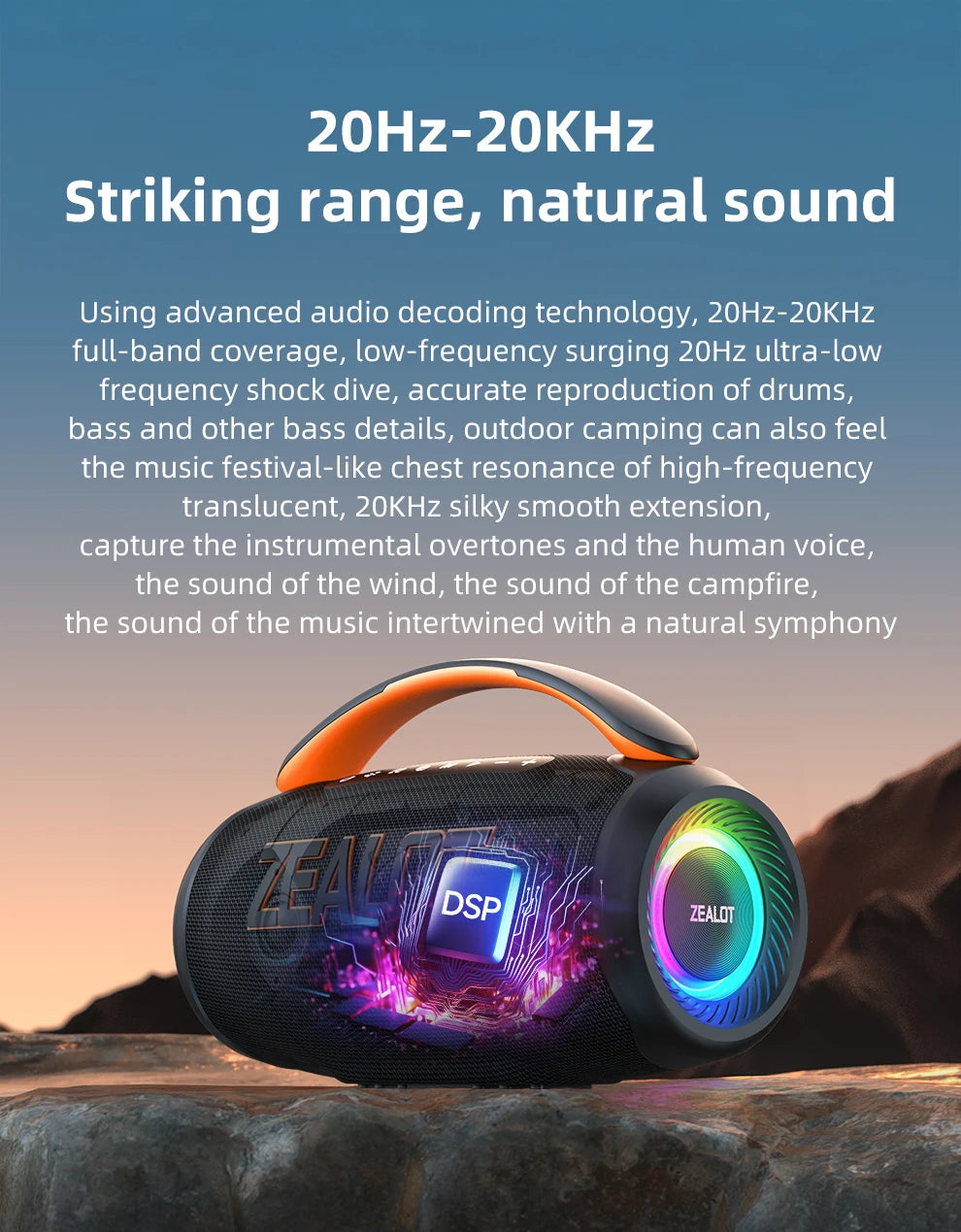 Zealot P12 Speaker 60W Portable Bluetooth Speaker with IPX6 Waterproof, Comfortable handle,Controllable lighting,TWS,AUX