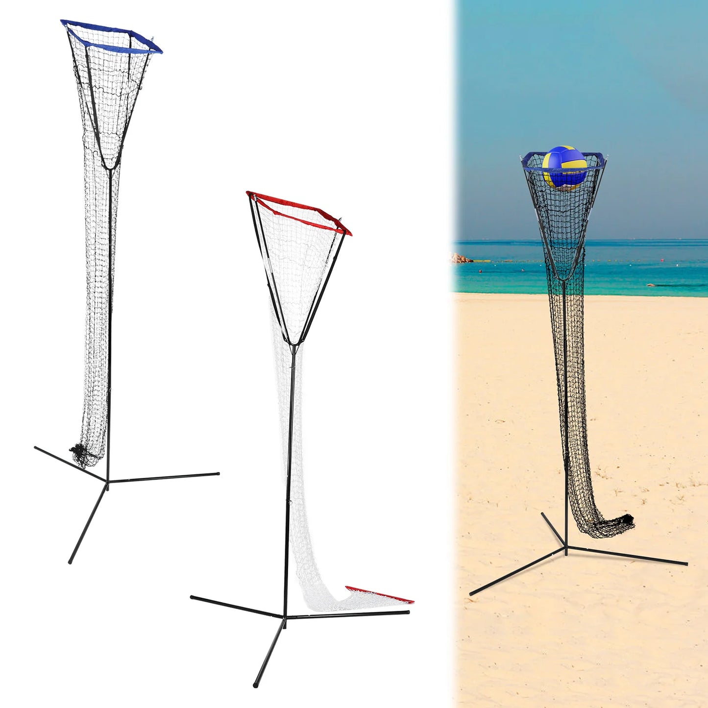 Volleyball Training Iron Net Frame,Black+Blue/Red Free Standing Volleyball Practice Net Adjustable Height and Angle for Patios