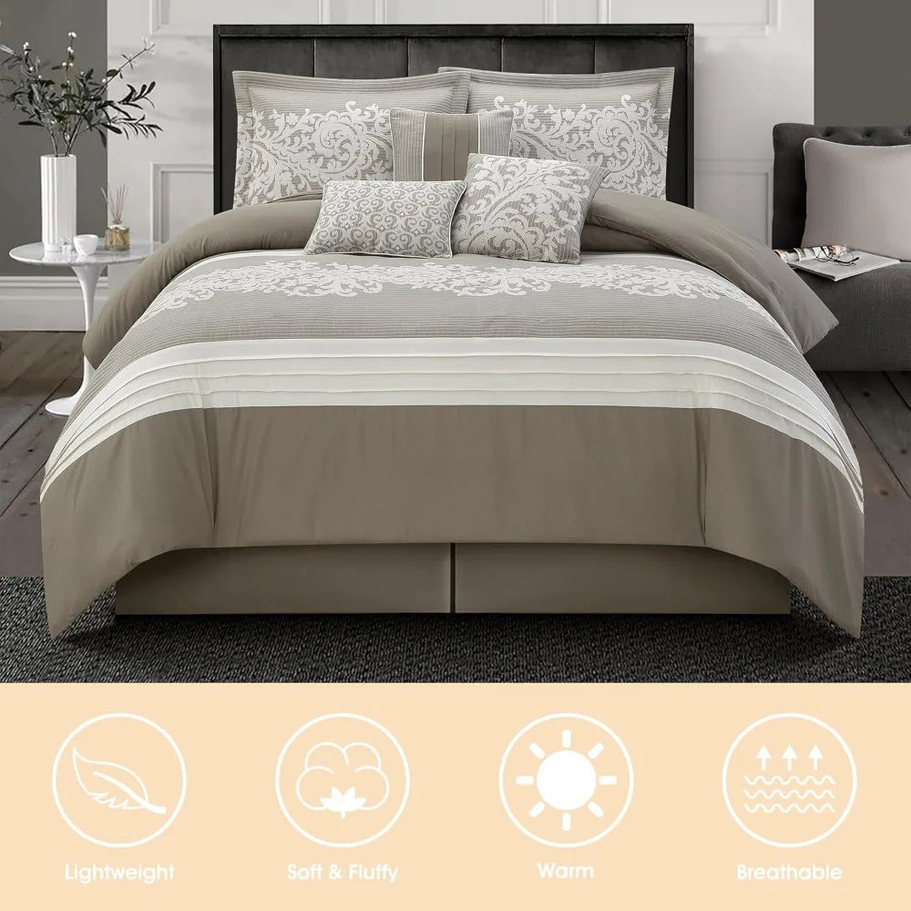 Queen Size Taupe Damask Jacquard Comforter Set with Solid Piece Work, 7-Piece All-Season Soft Bedding Ensemble Including Bed Ski