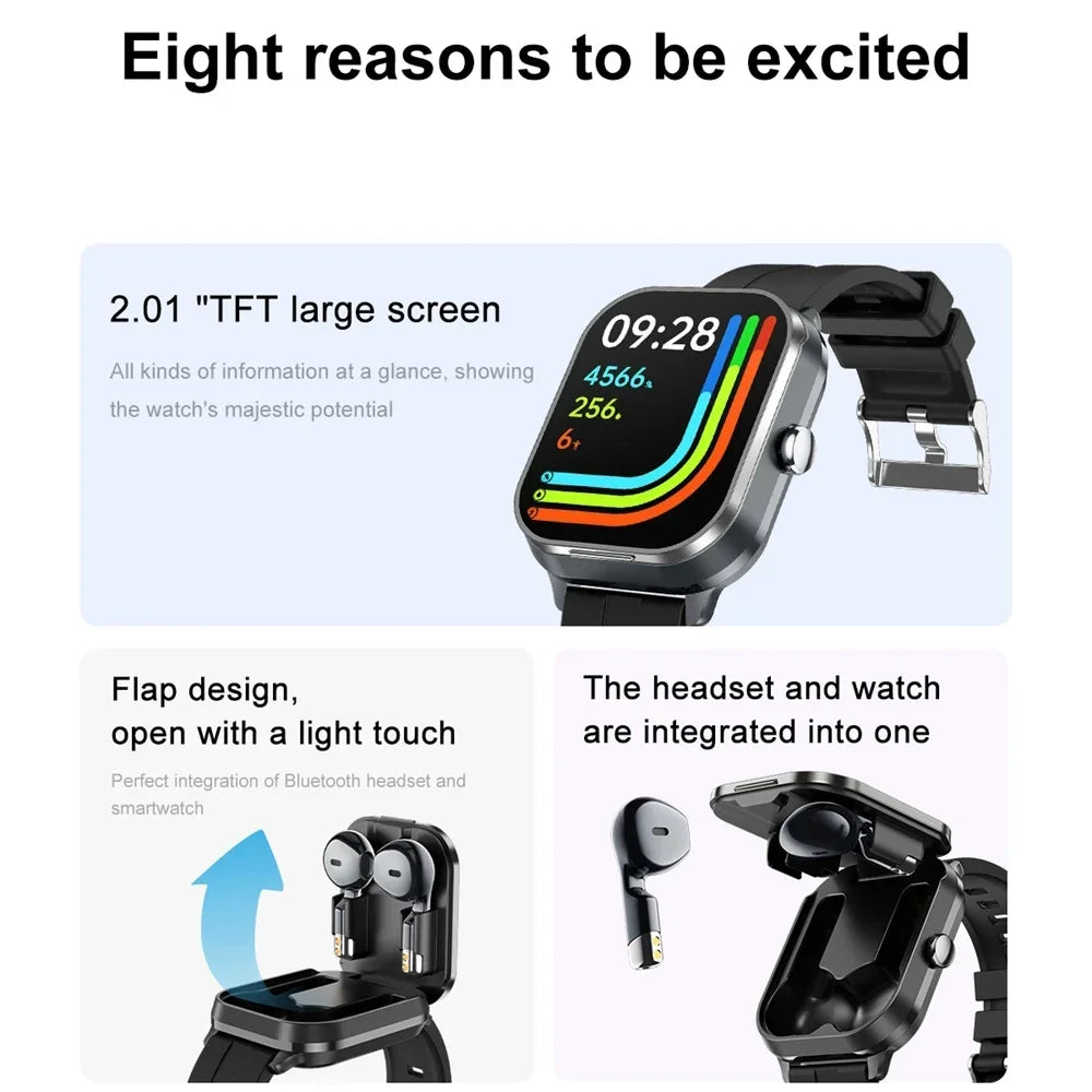 Effeokki D8Pro 2 In 1 smart watch with headphones Man 2" NFC Make/Answer Call Heart Rate Blood Oxygen Pedometer  For Iphone