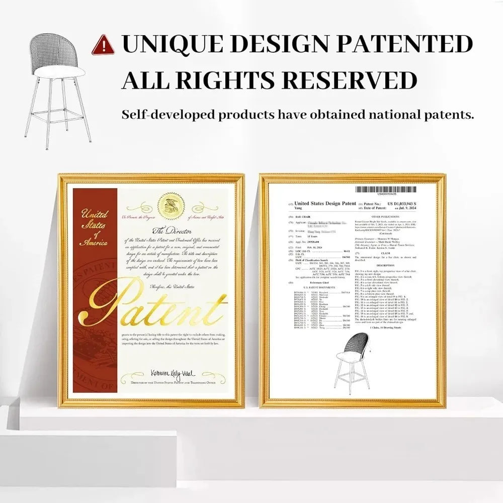 Counter Height Bar Stools Set of 2, 360° Swivel Upholstered Barstools with Rattan Full Back & Metal Legs, PU Leather 26" Mid