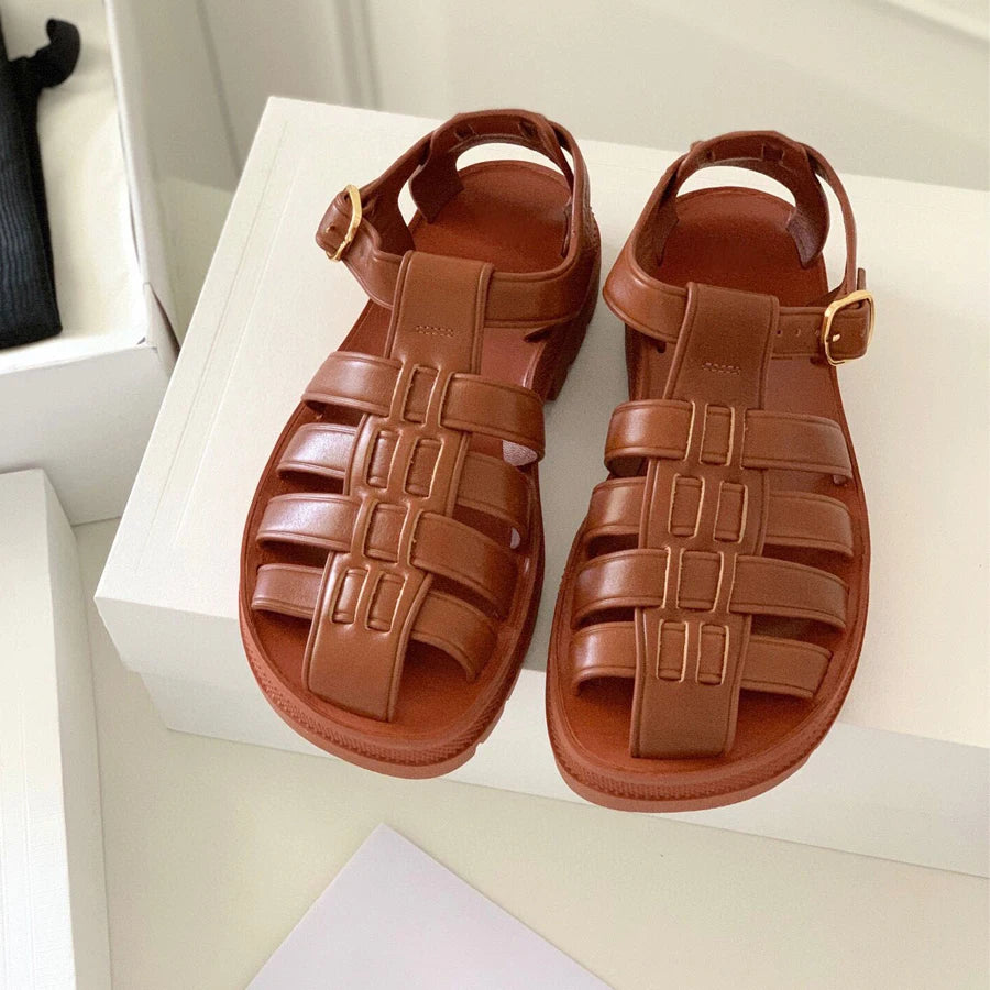 23SS Top Quality Brown Casual Gladiator Platform Heel Sandals Dress Shoes Real Leather Ankle Strap Buckle Luxury Designer Flat