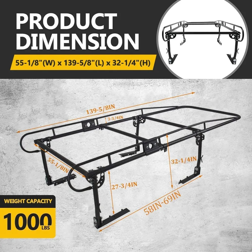Adjustable Truck Ladder Rack 1000lbs Weight Capacity 55-1/8"(W) x 139-5/8"(L) x 32-1/4"(H) Heavy Duty Steel Lumber Utility Kaya