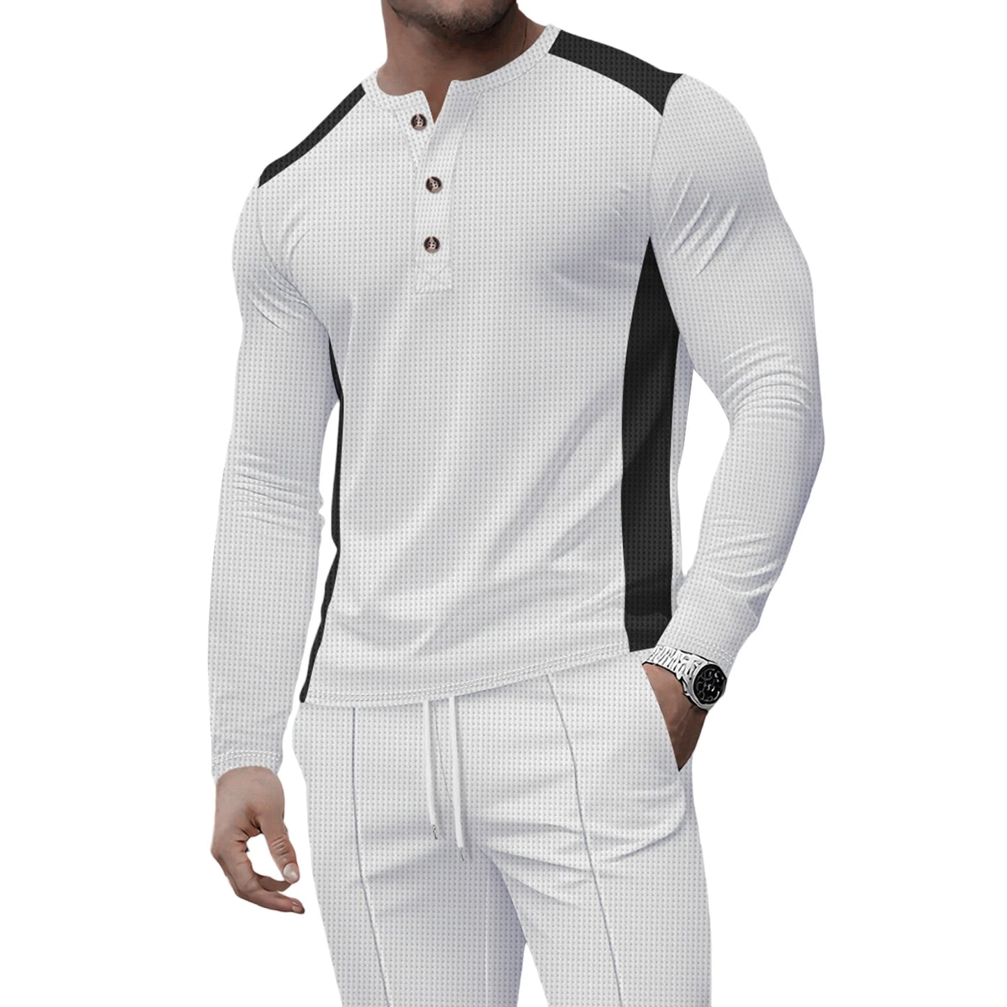 Men s Casual  Fit Long Sleeve Henley T-Shirt Button Up Contrast Color Tops Spring Autumn Fashion Pullover Shirt
