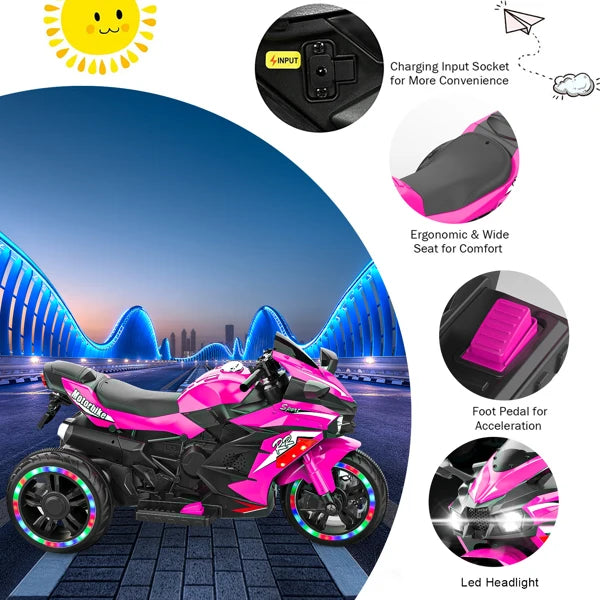 Electric Motorcycle for Kids, 12V Battery Powered Ride on Toys 3 Wheels Motorcycle with LED Lights and Music