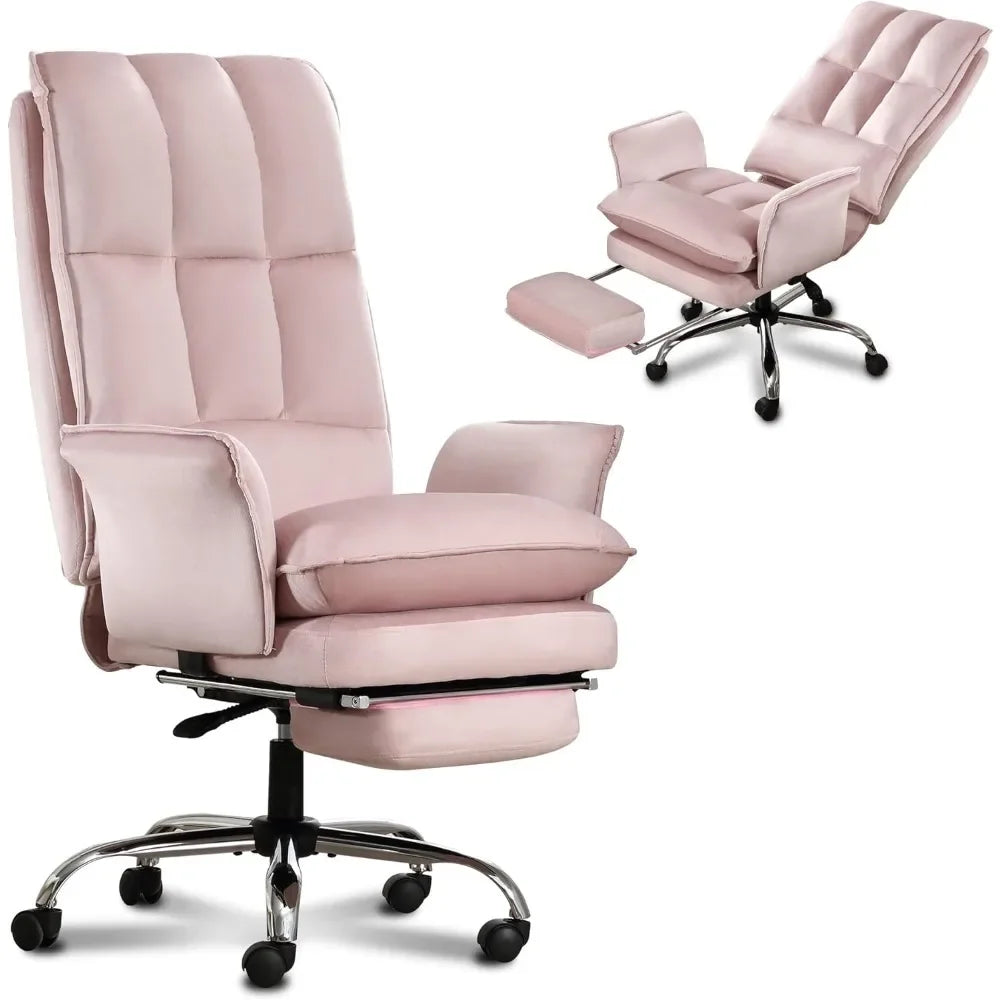 Modern Home Office Desk Chair with Wheels and Retractable Footrest, Adjustable Backrest Velvet High Back Office Chair
