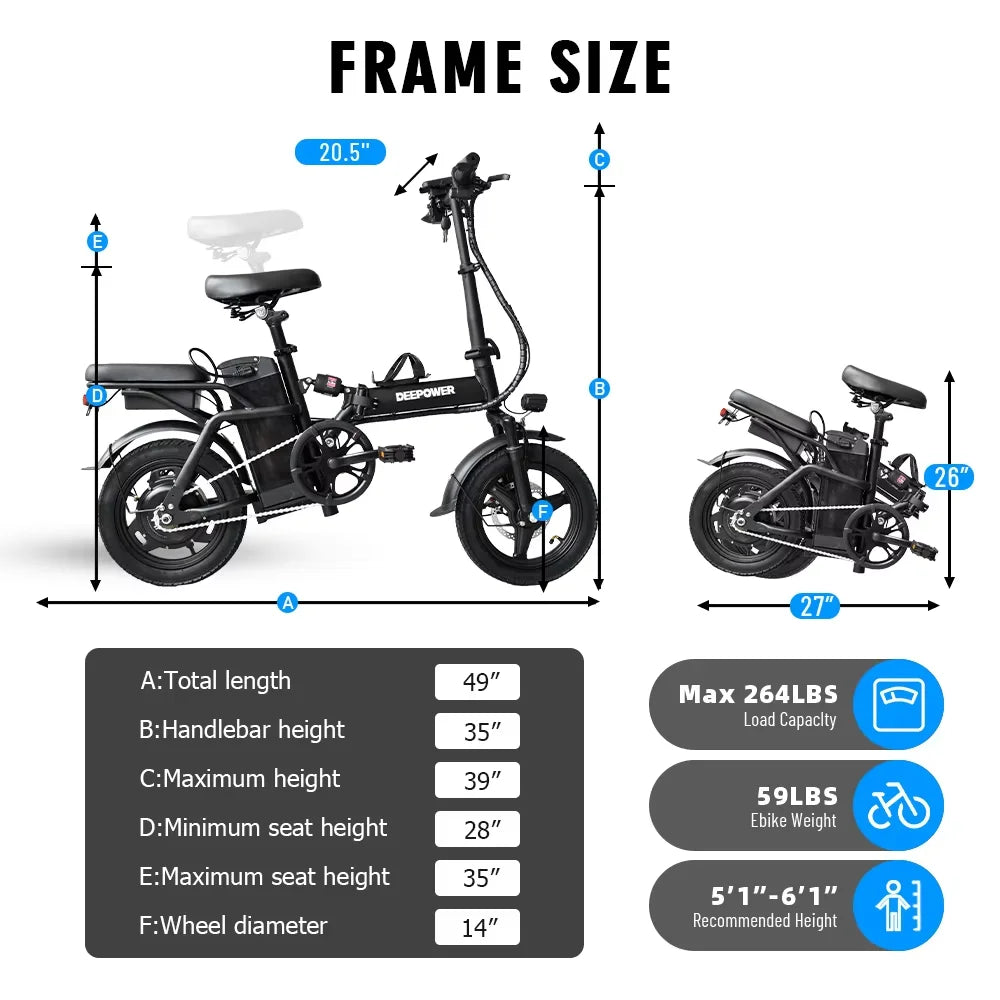 Deepower 14 Inch Foldable Electric Bicycle 400W Motor 48V 15AH Adult Mini Electric Bike Suitable for City Commuting Travel EBike