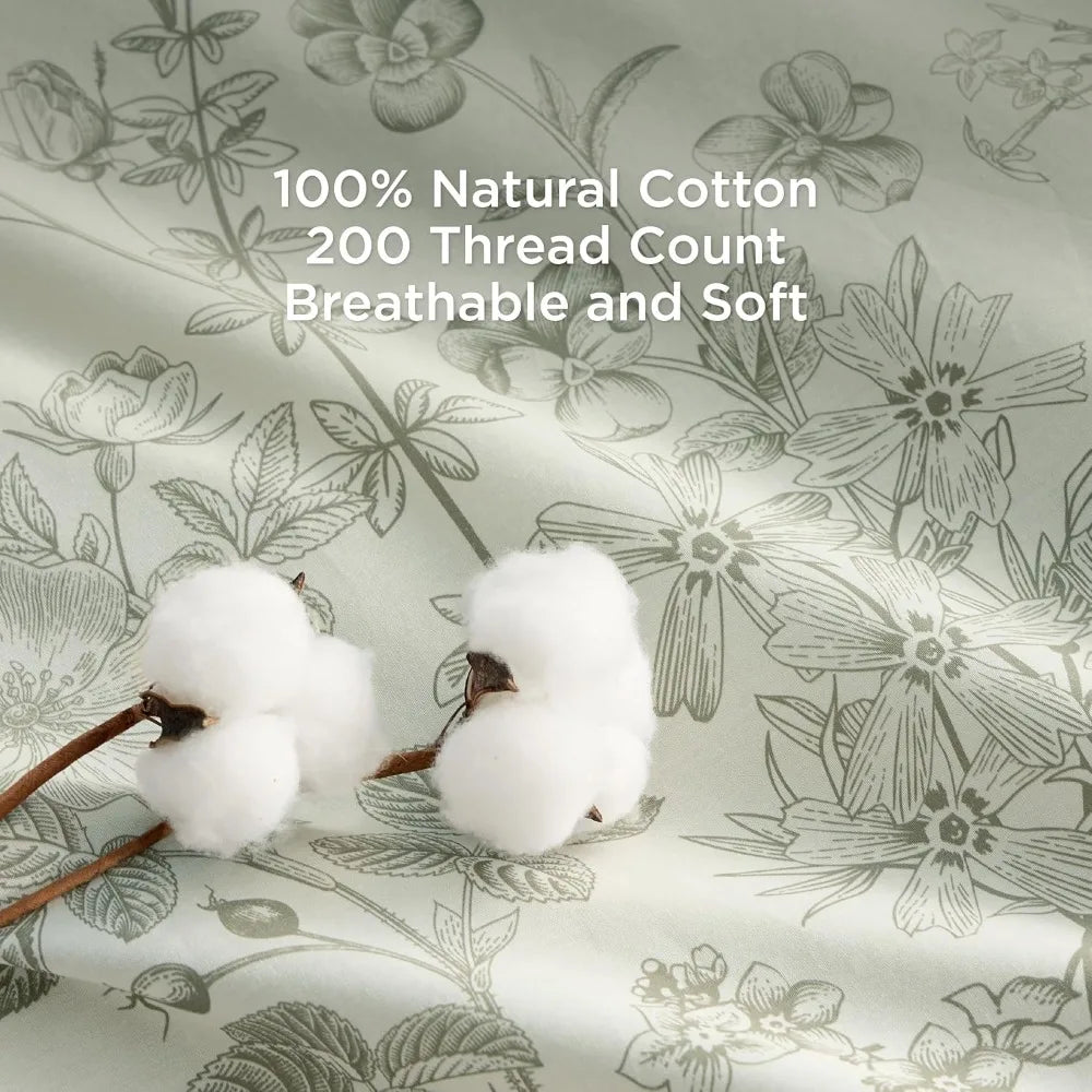 King Size Floral Comforter Set - 100% Cotton and Microfiber Filled, Sage Green 3-Piece Bedding