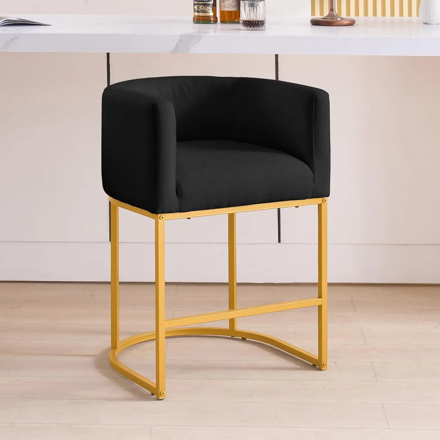 26" H Counter Height Bar Stools Modern Barrel Counter Stools with Backrest and Arms, Black Metal Frames,Fabric