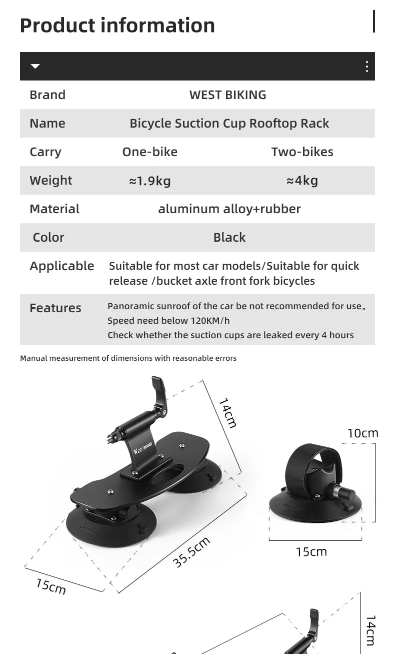 WEST BIKING Car Roof Vacuum Suction Cup Bicycle Racks Cycling Tour MTB Road Bike Quick Release Car Carrier Top Parking Racks