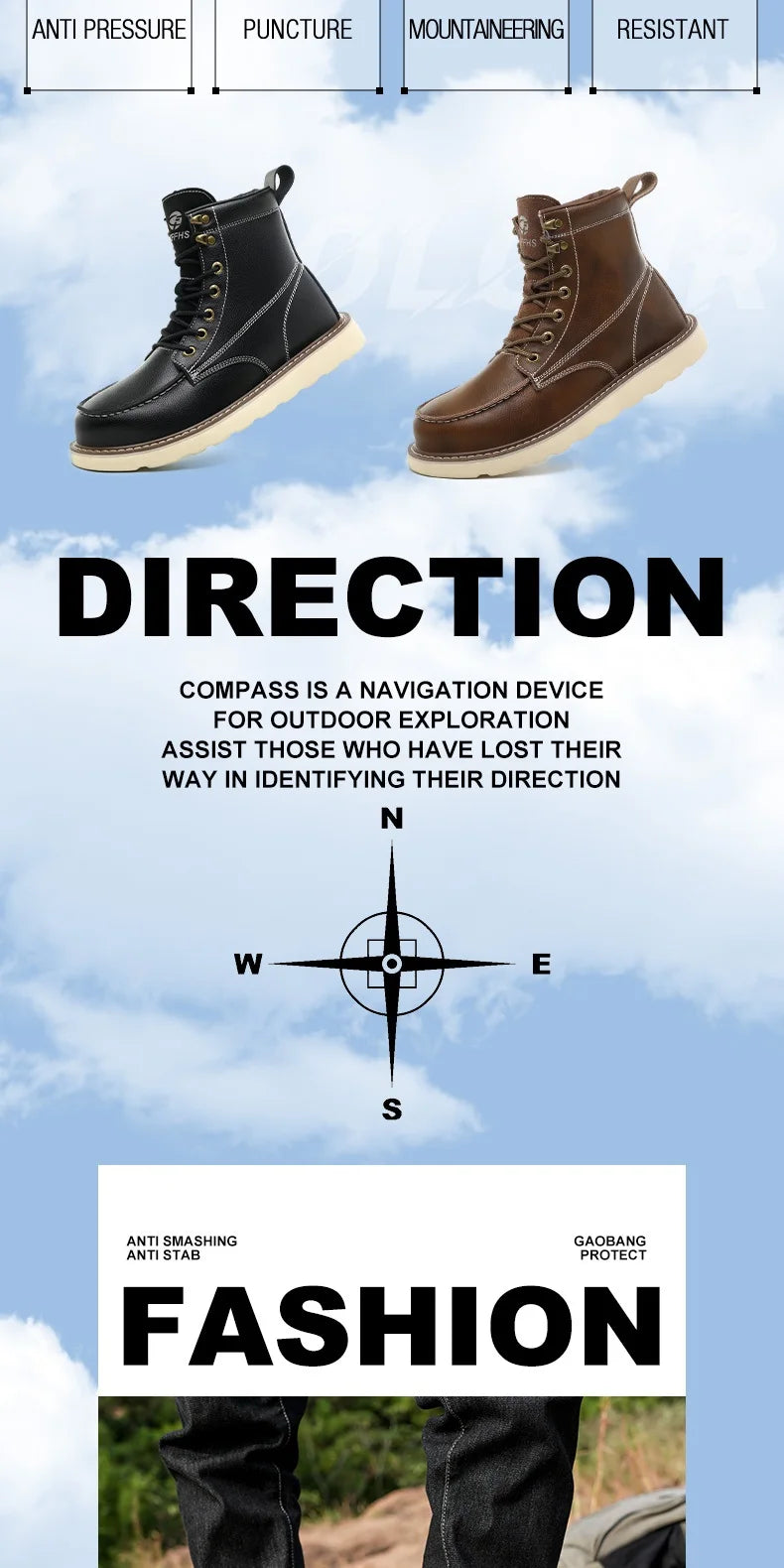 Two layer cowhide men's anti-smash anti-puncture high top work safety shoes