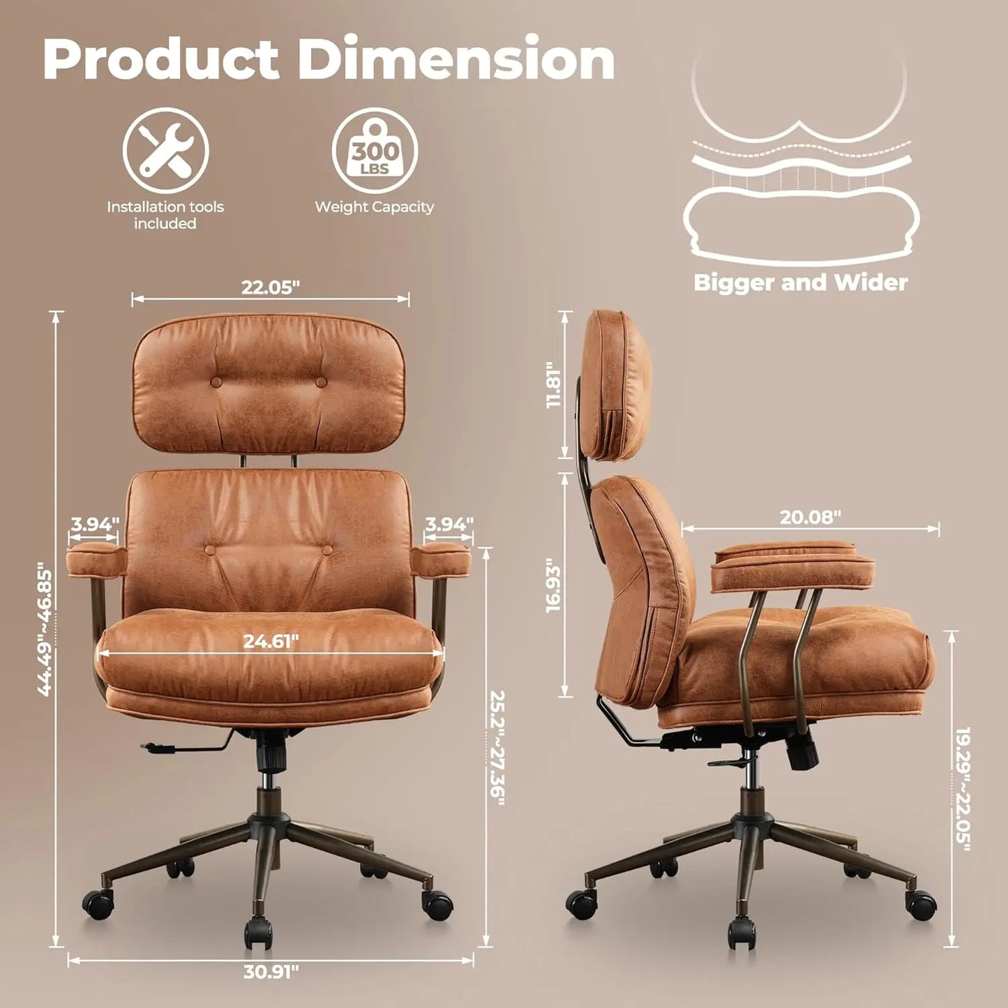Office Chair, Modern Leather with Lumbar Support, High Back Swivel Rolling  with Comfy Thick Cushion (Brown, Suede Faux Leather)