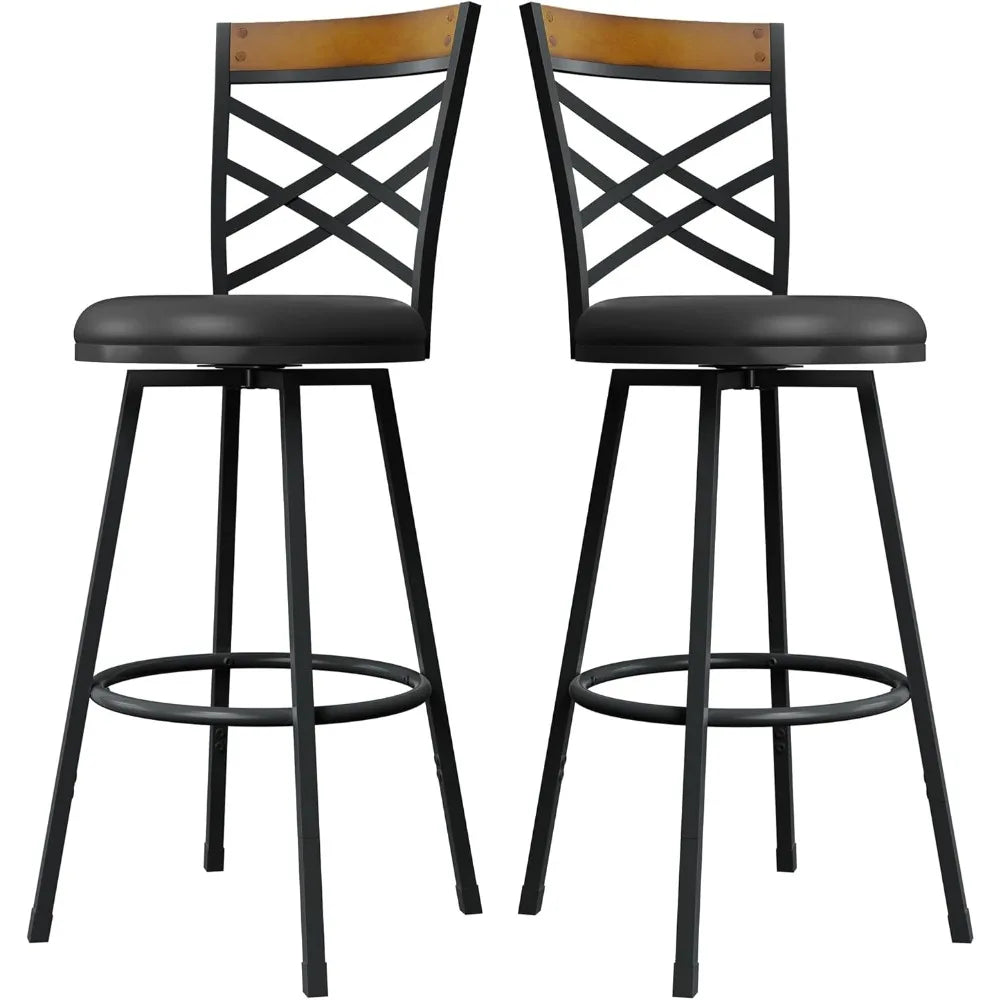 Black Bar Stools Set of 2 - Rustic Wood & Metal Swivel Barstools with Curved Backrest, 360° Rotation, Adjustable Height Dining