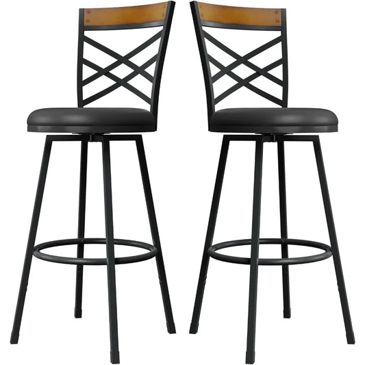 Black Bar Stools Set of 2 - Rustic Wood & Metal Swivel Barstools with Curved Backrest, 360° Rotation, Adjustable Height Dining