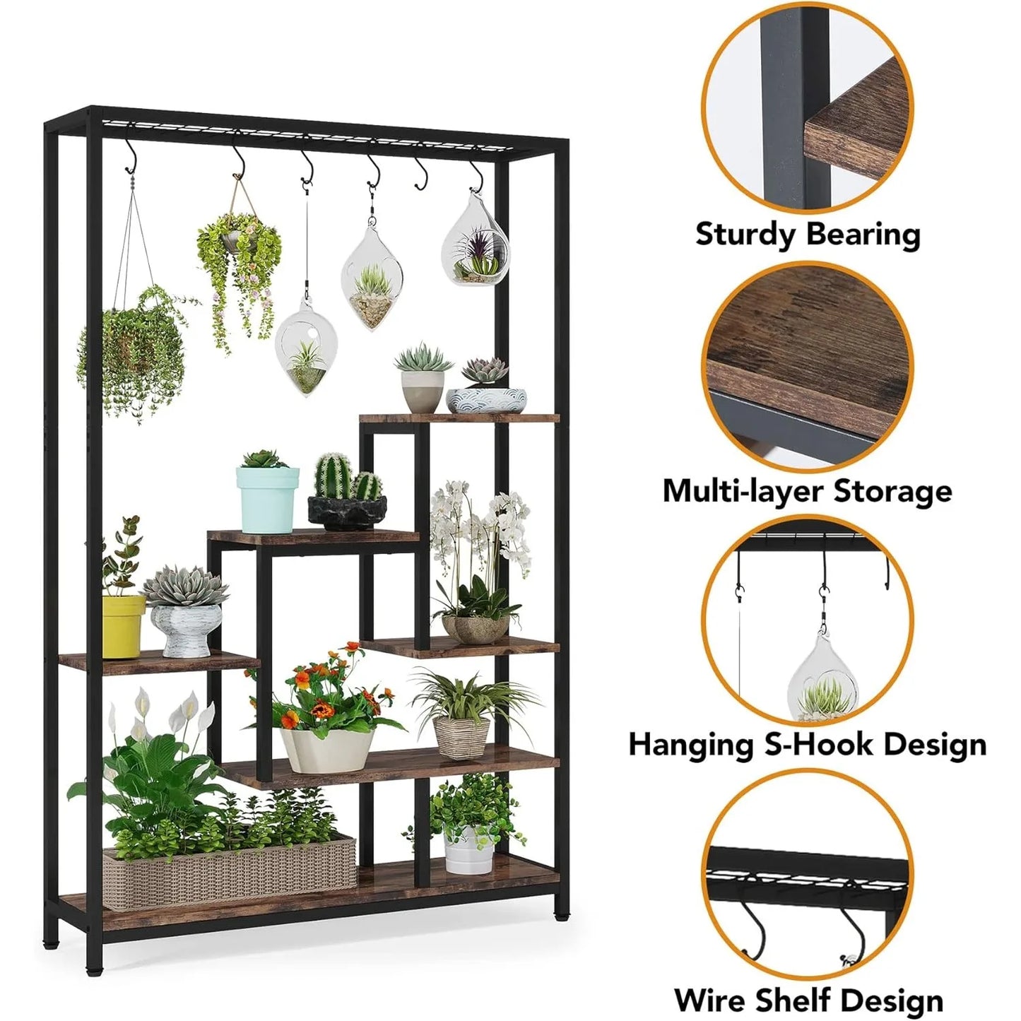 5-Tier Tall Indoor Plant Stand, 70.9 inches Large Metal Plant Shelf with 6PC S Hanging Hooks for Indoor, Garden