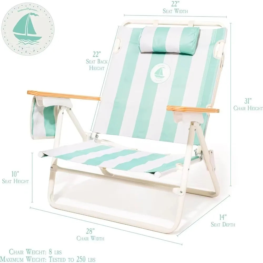 Backpack Beach Chair Lay Flat Reclining, Lightweight & Portable, Insulated Cooler Pocket, Last Mango Green Stripe