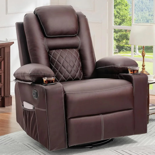 Swivel Rocker Recliner Chair with Massage & Heat, 360° Rotation Rocking Recliner, Faux Leather Manual Recliner with Cup