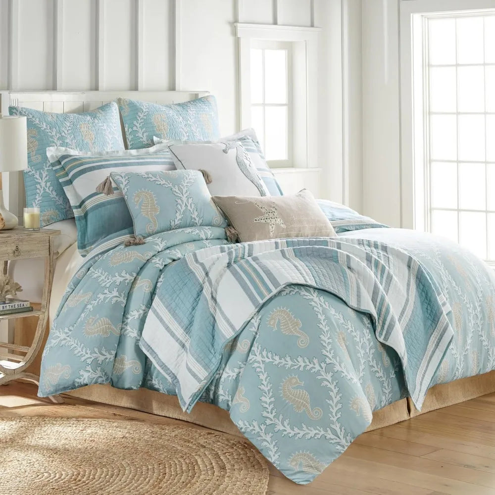 Blue Teal Taupe Striped Twin Comforter Set with Standard Pillowcase for Comfortable Sleep