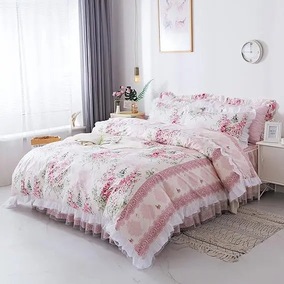 Elegant Floral Print Bedding Set, Rustic Style, Princess Lace Ruffle Duvet Cover for King, Queen, and Full Sizes