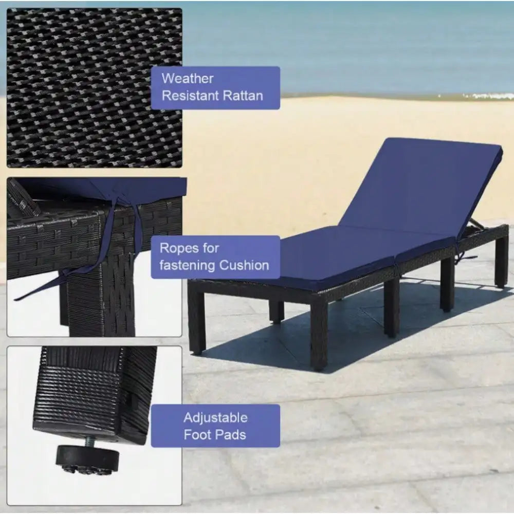 Patio Lounge Chair Rattan Chaise w/ Adjustable Navy & White Cushioned