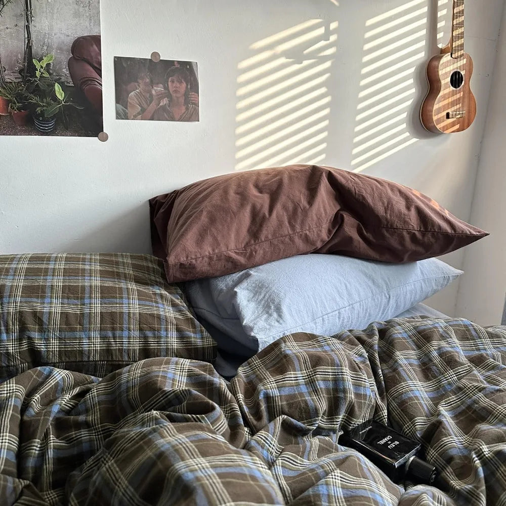 Queen Size Blue, Brown & Green Buffalo Plaid Duvet Cover Set - 3 Piece Vintage Aesthetic Bedding Set, 100% Washed Cotton, M