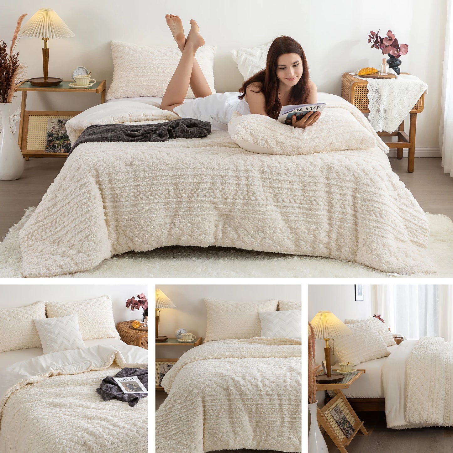 Plush Fleece Sherpa Cotton Fluffy Bed Down Comforter Set, Boho Tufted Ultra-Soft Lightweight Warm All Season Ivory Queen King