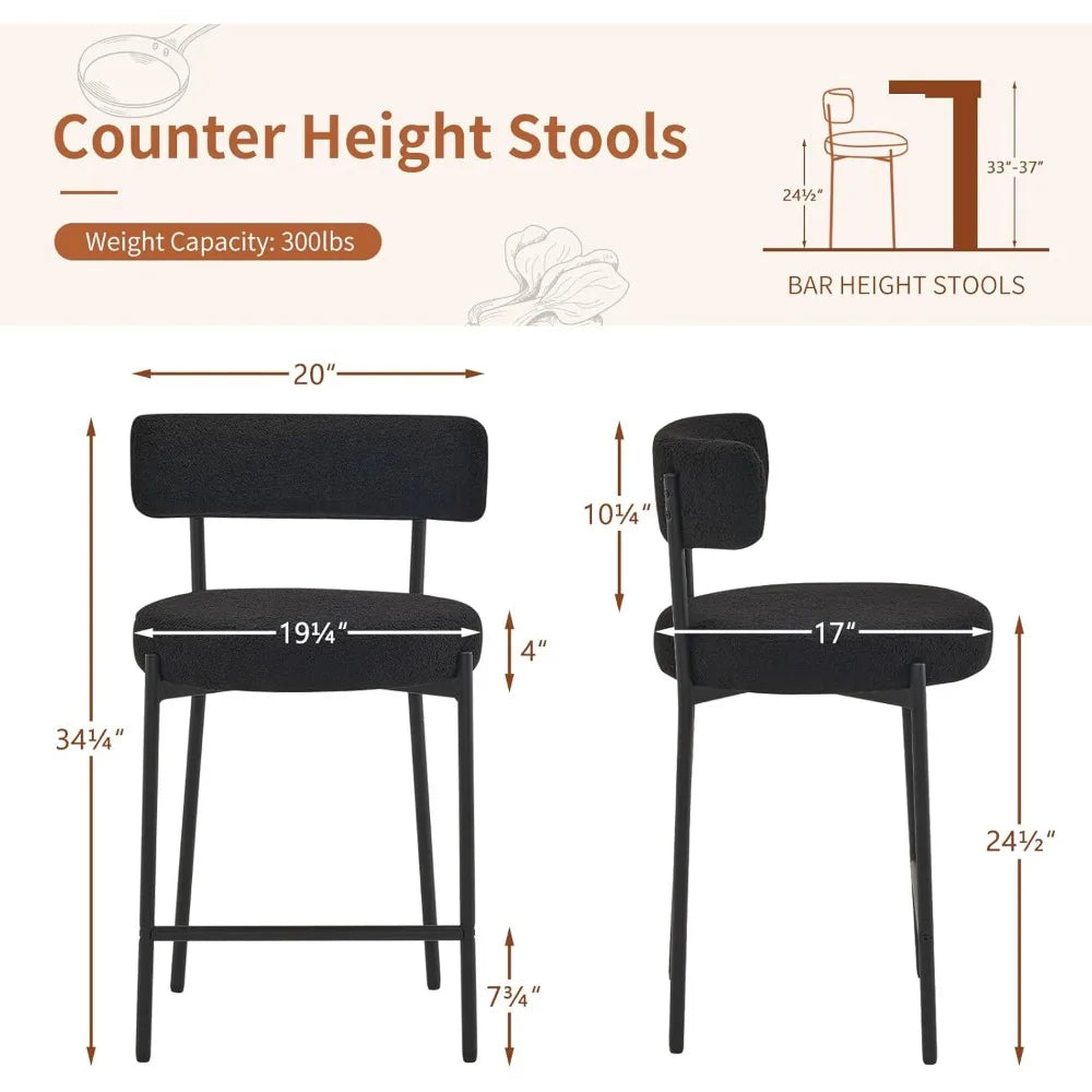 24'' Bar Stools Set of 2, Modern Boucle Counter Height Bar Stools with Curved Back and Black Metal Frame,