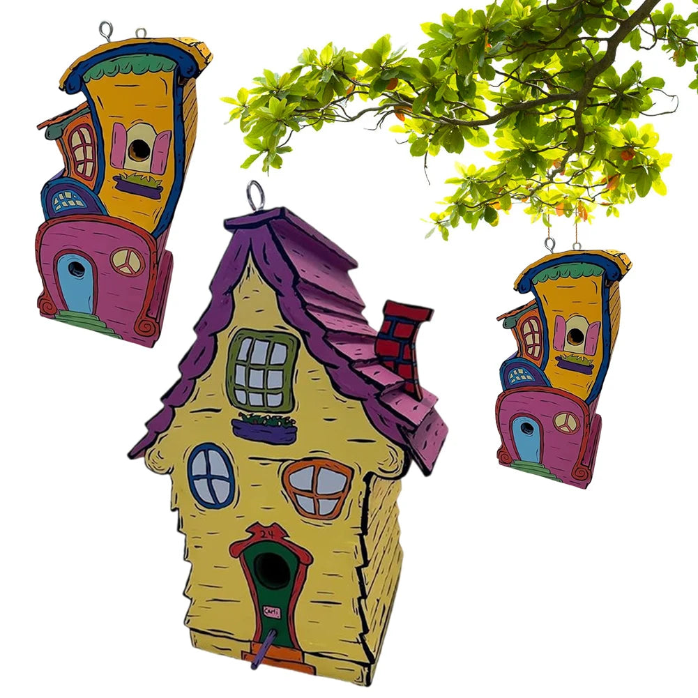 Cartoon Paint Bird Nest with Perch Handmade Bird House Cute Small Nesting Box Warm Bird Resting Place for Home Garden Decor