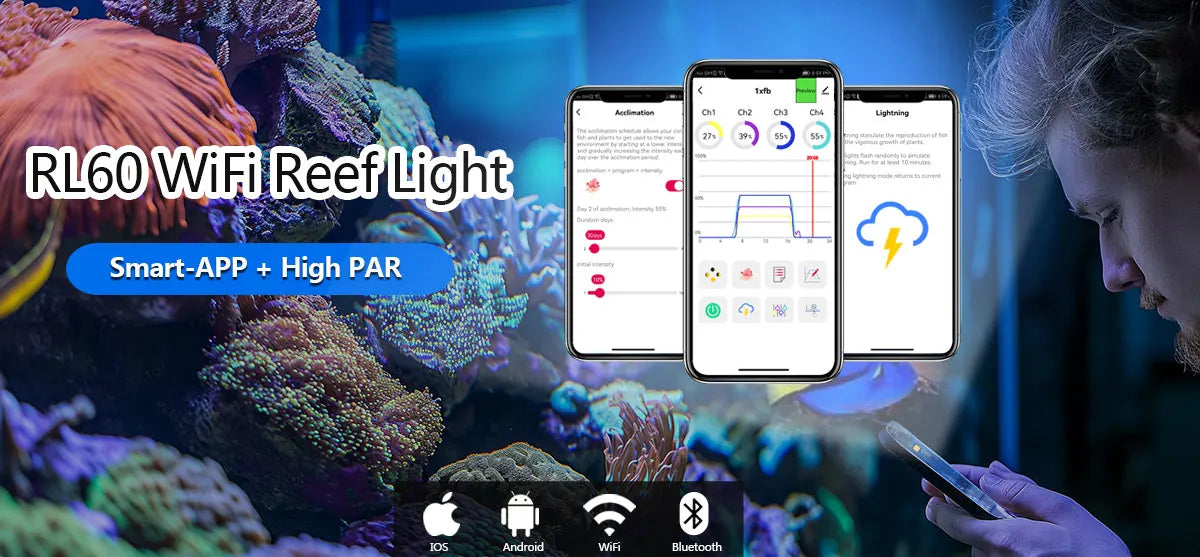 PopBloom WiFi Marine Aquarium Light RL60/RL90, Full Spectrum Aquarium Lamp LED For Coral SPS/LPS Nano Tank, Include Arm Mount