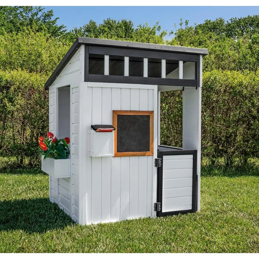 Discovery Caraway Cottage White Cedar Wood Kids Outdoor Playhouse Playset with Working Dutch Door
