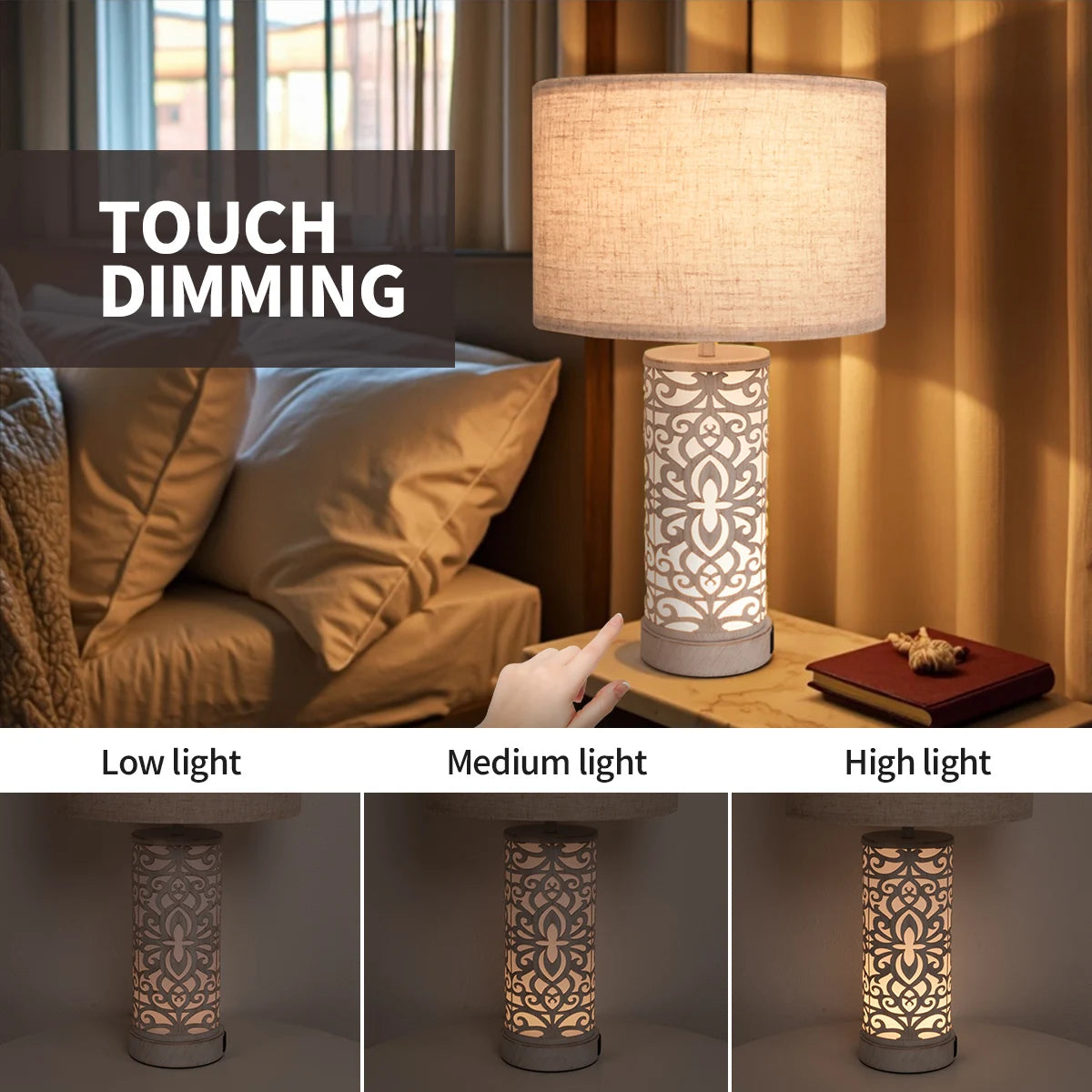 Retro Farmhouse Table Lamp with Multi-Function and Dimmable, Two Packs + 2 USB Ports with Night Light for Living Room, Bedroom and Bedside Table Study, Including Bulb
