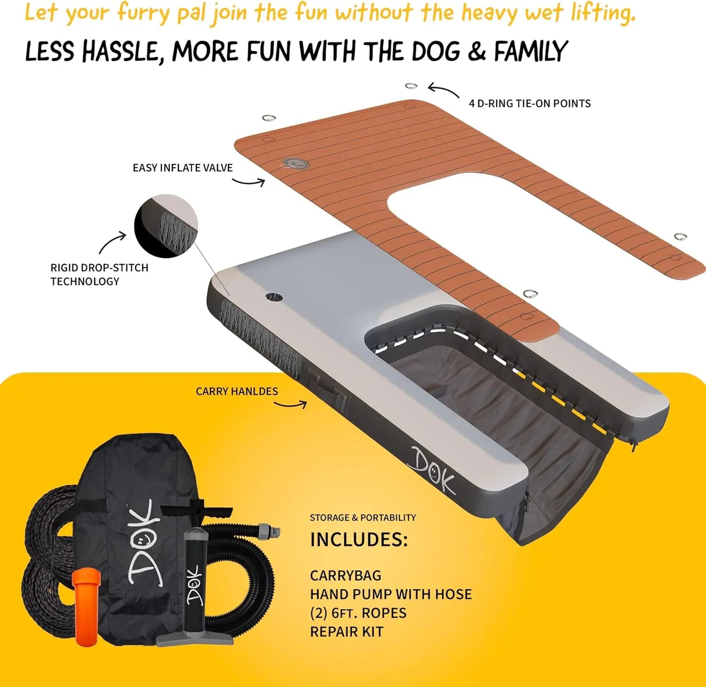DOK Dog-DOK Inflatable Dock Platform: Safe & Easy Water Access for Dogs Up to 230 lbs; Floating Non-Slip EVA Foam with Dog Boat
